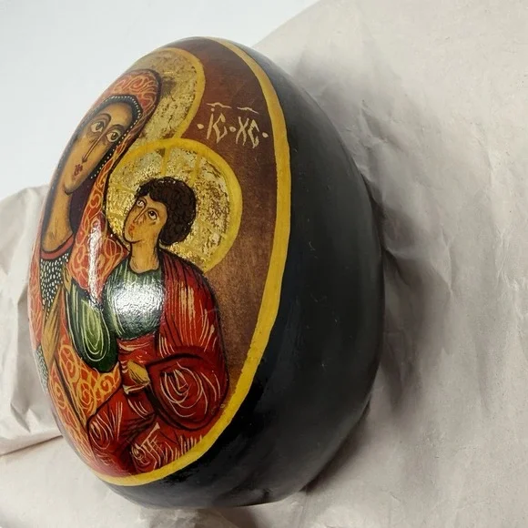 Russian Orthodox Icon Wooden Eggs Hand Painted Virgin Mary St George Signed 1991 - Picture 6 of 15